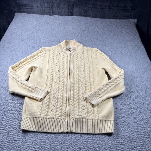 LL Bean Cardigan Sweater Womens XL Yellow Double L Cable Knit Full Zip Fisherman - Picture 2 of 12